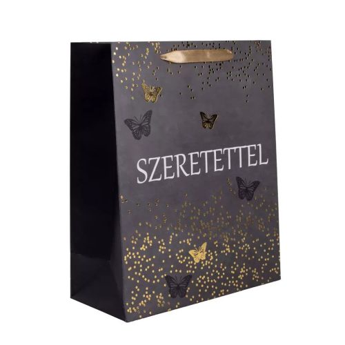 Ajándéktáska 23x18x10cm, közepes, Szeretettel felirattal, fekete, lepkés