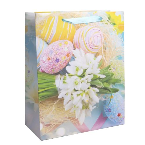 Húsvéti ajándéktáska 23x18cm, közepes, hóvirág és tojások