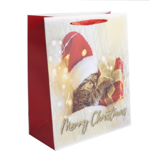 Karácsonyi ajándéktáska 23x18x10cm, közepes, glitteres, cica ajándékkal, Merry Christmas felirattal