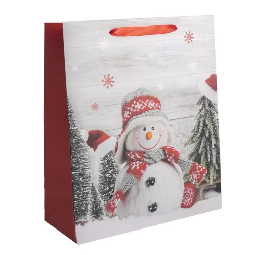 Karácsonyi ajándéktáska 23x18x10cm, közepes, szürke-piros, hóember sapkában, sállal