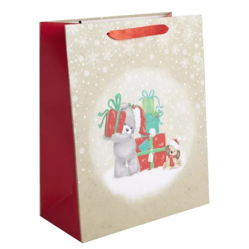 Karácsonyi ajándéktáska 23x18x10cm, közepes, glitteres, maci ajándékokkal