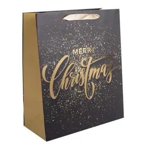 Karácsonyi ajándéktáska 23x18x10cm, közepes, fekete, Merry Christmas felirattal