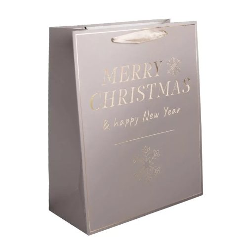 Karácsonyi ajándéktáska 14x11x5cm, kicsi, barna, Merry Christmas and Happy New Year felirattal