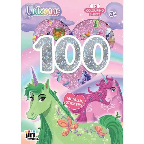 100 fémes matrica kifestő lapokkal, 12 színezhető lap + matricák, Unikornisok