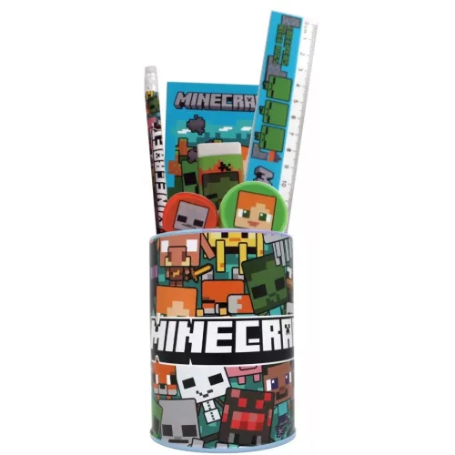 Minecraft írószer szett 7 db-os ceruzatartóval (vonalzó, ceruza, notesz, radír, hegyező, stb.)