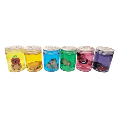 Slime 7x5cm-es műanyag palackban, kapibara figurával, 6 féle változat