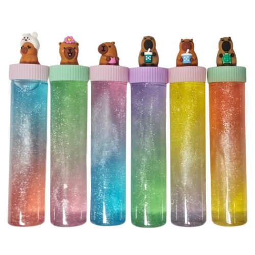 Slime műanyag hengerben, kapibara figurával, többféle változat