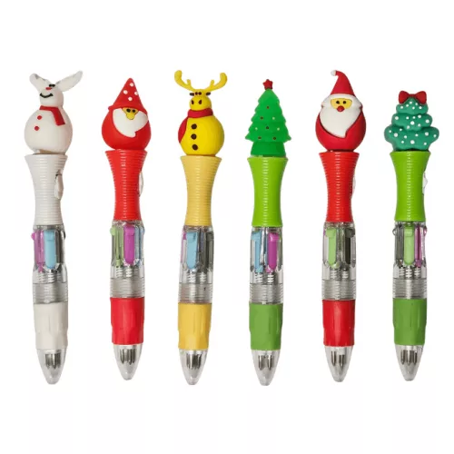 Karácsonyi golyóstoll, világító, 4 színű, 12 cm magas, 6 féle figurával