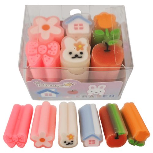 Radír szett (virágok, házikó, masi, nyuszi, alma), 6 db/szett