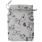 Organza dísztasak, zacskó, 9x12cm, 12 db/csomag, ezüst, szivecskés