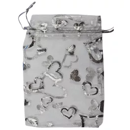   Organza dísztasak, zacskó, 9x12cm, 12 db/csomag, ezüst, szivecskés