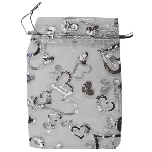 Organza dísztasak, zacskó, 9x12cm, 12 db/csomag, ezüst, szivecskés