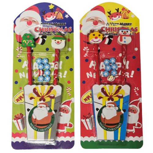 Karácsonyi grafitceruza forma radírral és mini radírokkal, 2 db ceruza és 7 db radír/szett, többféle változat 