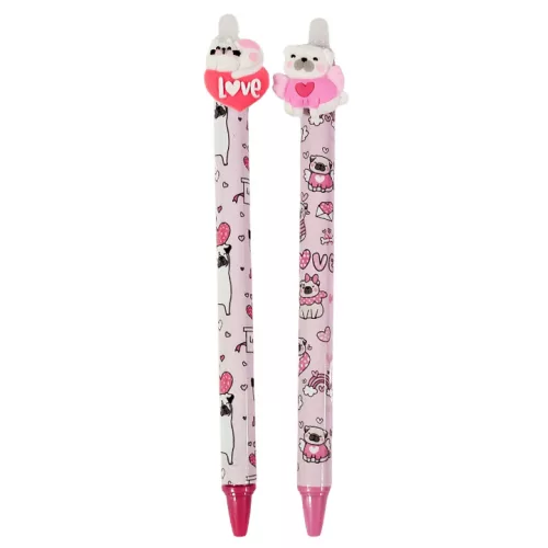 Radírozható zseléstoll, nyomógombos, 0,5mm, HZ-1795, cicás-kutyás szivecskével, többféle változat