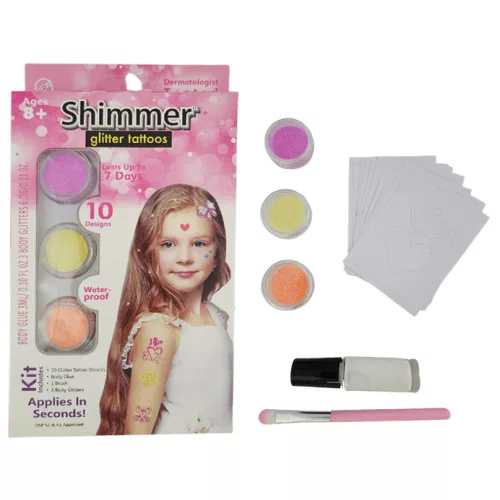 Csillámtetoválás szett, Shimmer (10 sablon, 3 csillámpor, 3 ml ragasztó, ecset)