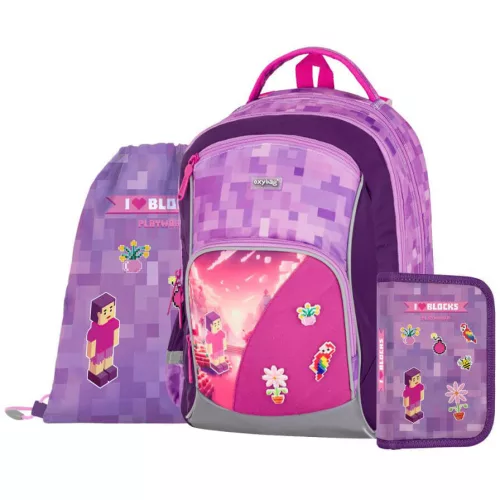 OXY GO iskolatáska szett, hátizsák tolltartóval és tornazsákkal, Minecraft mintás, Playworld Girl, lila-rózsaszín