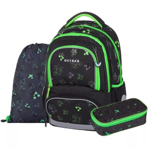 OXY Next iskolatáska szett, hátizsák tolltartóval és tornazsákkal, Green cube, Minecraft mintás
