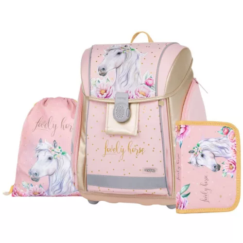 Lovas mágneszáras ergonómikus iskolatáska tolltartóval és tornazsákkal, Premium Light, Lovely horse, PICI SZÉPSÉGHIBÁVAL!