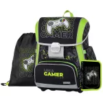 OXY Premium csatos iskolatáska szett tolltartóval és tornazsákkal, Gamer, zöld-fekete