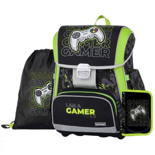 OXY Premium csatos iskolatáska szett tolltartóval és tornazsákkal, Gamer, zöld-fekete