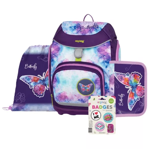 OXY Sherpy iskolatáska szett, hátizsák tolltartóval, tornazsákkal és extra díszekkel, Butterfly, kék-lila