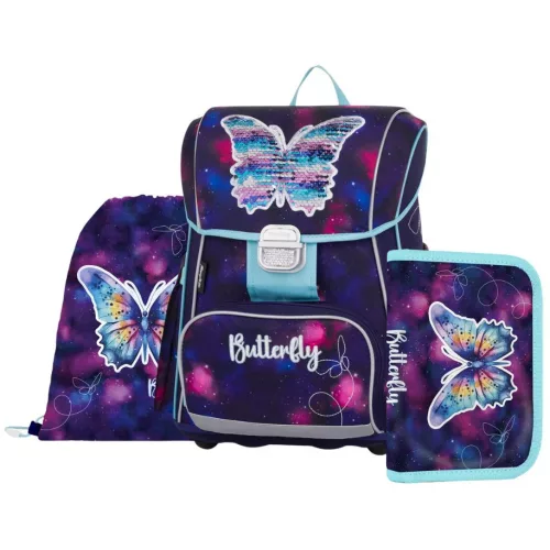OXY Premium csatos iskolatáska szett tolltartóval és tornazsákkal, Butterfly