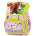 Lovas csatos ergonómikus iskolatáska tolltartóval és tornazsákkal, Premium, zöld-rózsaszín