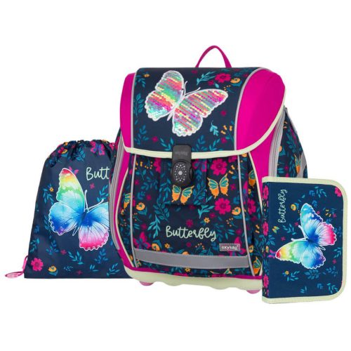 Lepkés mágneszáras ergonómikus iskolatáska tolltartóval és tornazsákkal, Premium Light, Butterfly, sötétkék