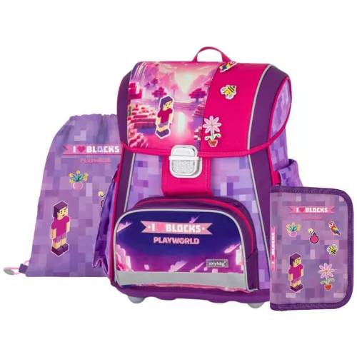 OXY Premium csatos iskolatáska szett tolltartóval és tornazsákkal, Playworld Girl, rózsaszín-lila