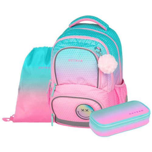 OXY Next iskolatáska szett, hátizsák tolltartóval és tornazsákkal, Ombre Pink, rózsaszín-türkiz