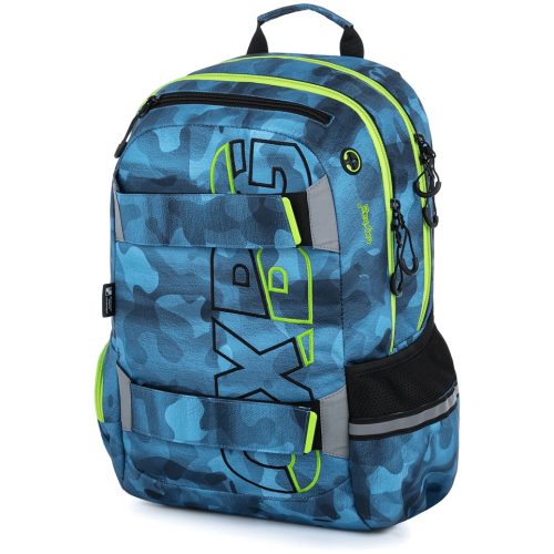 OXY Sport hátizsák, iskolatáska, 3 rekeszes, 46x32x15cm, camo boy, military kék