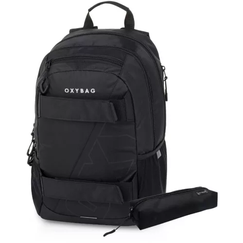 OXY Sport hátizsák, iskolatáska beledobálós tolltartóval, 3 rekeszes, 46x32x16cm, Black, fekete