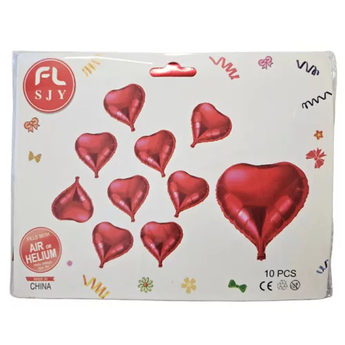Szív alakú lufik, fólia, 10 db/csomag (1 db 56x60cm, 9 db 25x25cm)