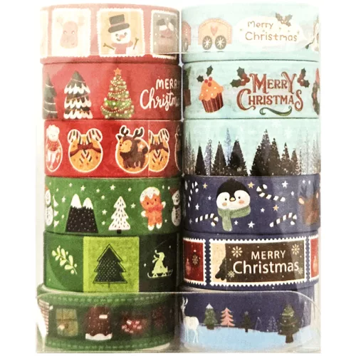Karácsonyi washi tape 12 db/csomag, AL4209, kék-piros-zöld