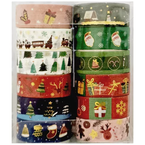 Karácsonyi washi tape 12 db/csomag, AL4210, zöld-piros-fehér-kék