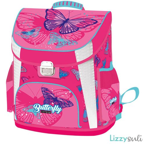 Lepkés csatos ergonómikus iskolatáska prémium 39x35x24cm, Lollipop Pink Butterfly, rózsaszín