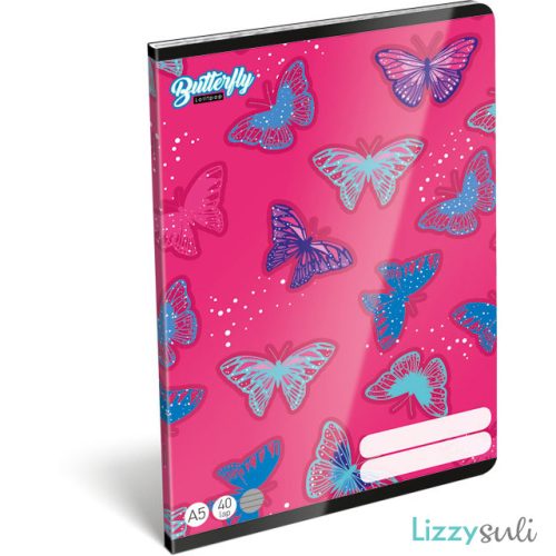 Lepkés tűzött füzet A/5, 40 lap vonalas, Lollipop Pink Butterfly, rózsaszín