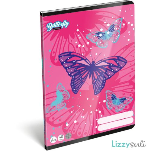 Lepkés tűzött füzet A/5, 40 lap kockás, Lollipop Pink Butterfly, rózsaszín