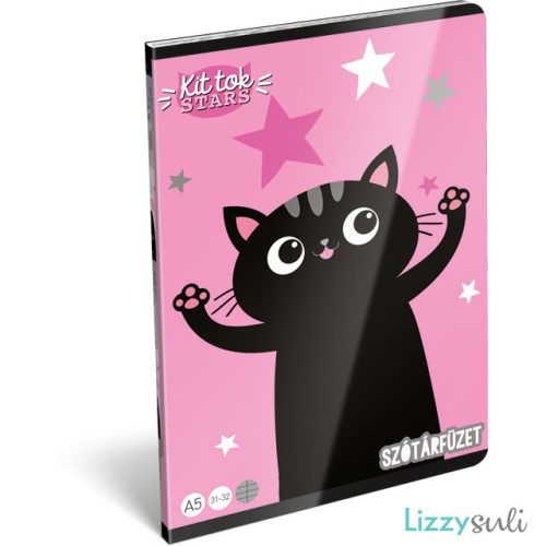 Cicás tűzött füzet A/5, 40 lap szótár, Kittok Stars, fekete cica