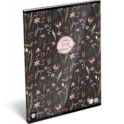 Lizzy Card virágos tűzött füzet A/4, 32 lap kockás, Magic Garden, fekete