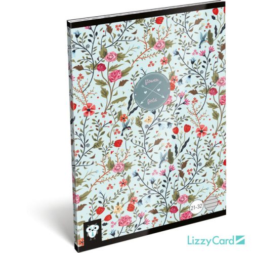 Lizzy Card virágos tűzött füzet A/5, 32 lap vonalas, Flower Field, türkiz