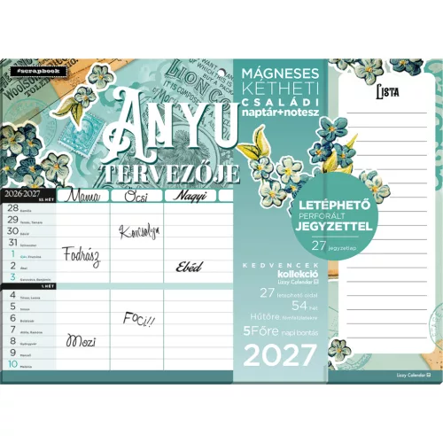 Lizzy Calendar mágneses, kétheti tervezőnaptár jegyzettömbbel, 30x22cm, 2027, Anyu tervezője scrapbook style 
