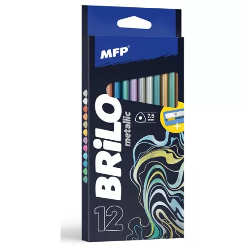 Színes ceruzakészlet 12 db-os, hegyezővel, háromszög test, metál, MFP