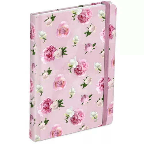 Keményfedeles notesz, A/5, 13x18cm, vonalas, 120 lapos, gumis pánttal, MFP, rózsaszín, bazsarózsa