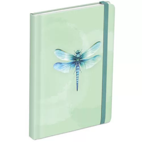 Keményfedeles notesz, A/5, 13x18cm, vonalas, 120 lapos, gumis pánttal, MFP, zöld, szitakötő