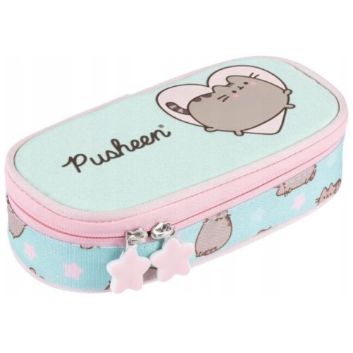 Pusheen cicás tolltartó, beledobálós, ovális, mentazöld