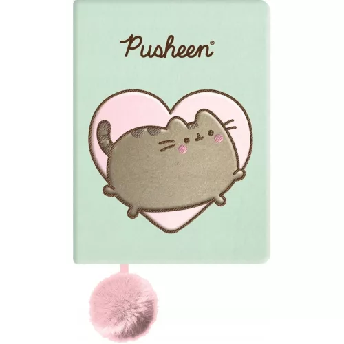 Pusheen cicás napló plüss borítóval, A/5, 96 lapos, vonalas, 70g papír, zöld