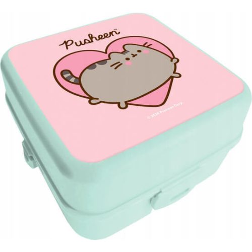 Pusheen cicás uzsonnás doboz, 14x14x8cm, zöld-rózsaszín
