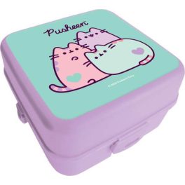 Pusheen cicás uzsonnás doboz, 14x14x8cm, lila-zöld