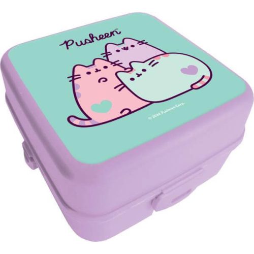 Pusheen cicás uzsonnás doboz, 14x14x8cm, lila-zöld